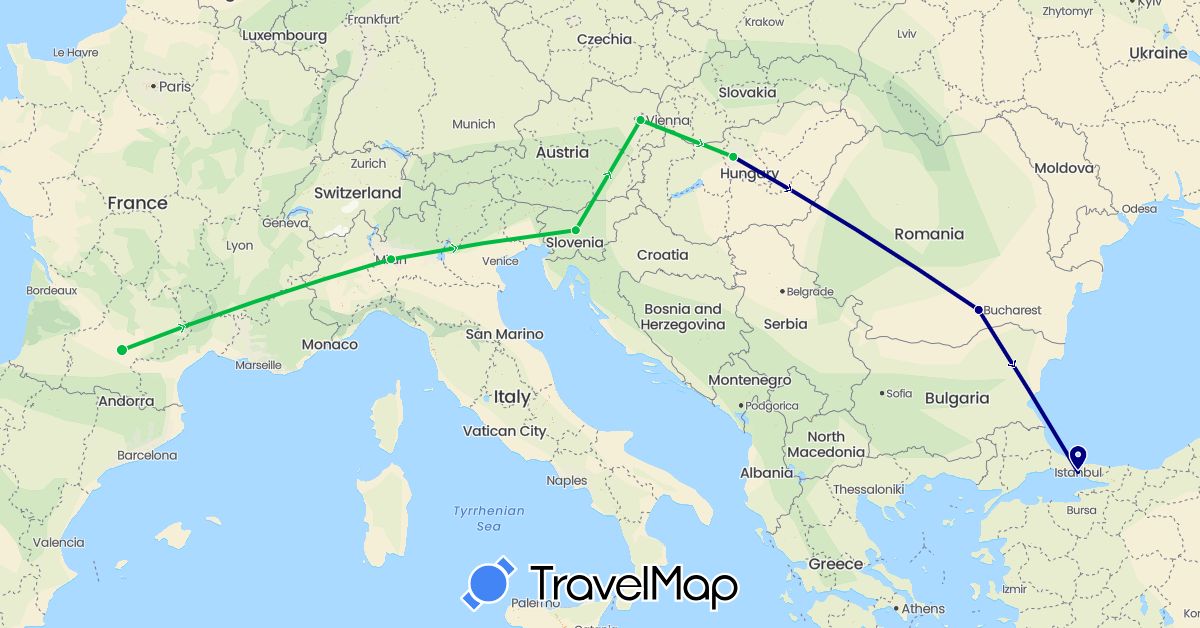 TravelMap itinerary: driving, bus in Austria, France, Hungary, Italy, Romania, Slovenia, Turkey (Asia, Europe)